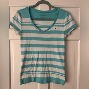 Tommy Hilfiger Women's Teal and White Striped Tee